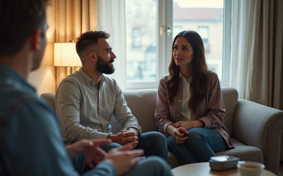 Three people talking together on a sofa in a living room with a window behind them, symbolizing the guided, in‑depth conversations central to couples therapy intensives in Raleigh, NC.