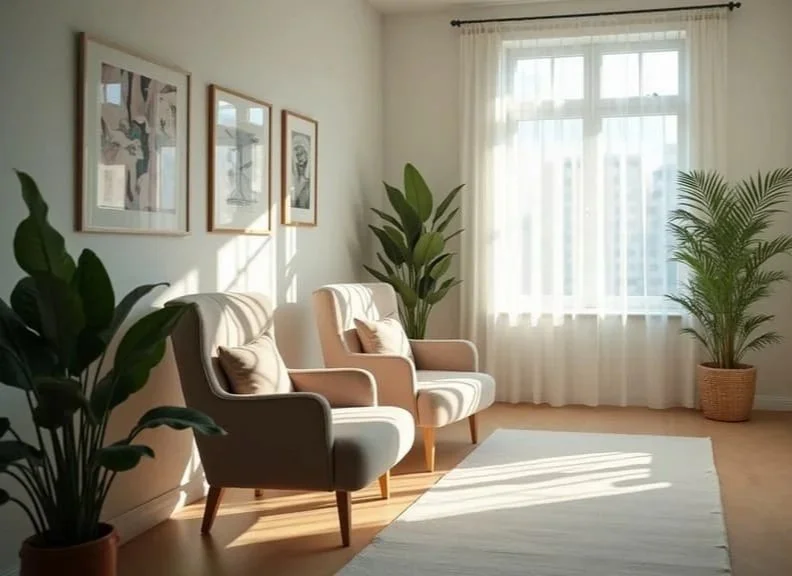 Couples therapy in Raleigh, NC with two beige armchairs, green and brown potted plants, framed artwork on the wall, a large window with white curtains letting in sunlight, and a white rug on the wooden floor.