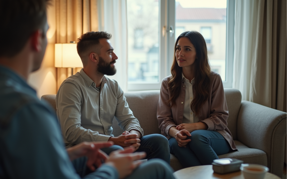 Three people talking together on a sofa in a living room with a window behind them, symbolizing the guided, in‑depth conversations central to couples therapy intensives.