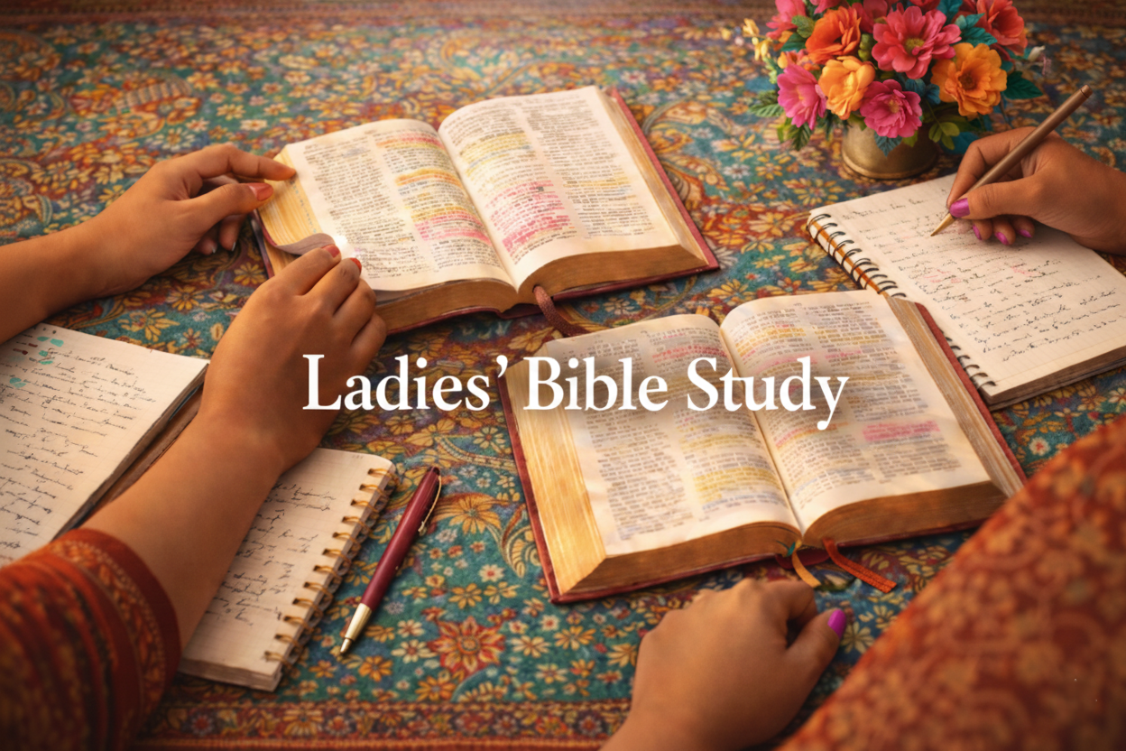 Ladies' Bible study session with open Bibles, notebooks, pens, and a flower arrangement on a colorful tablecloth.
