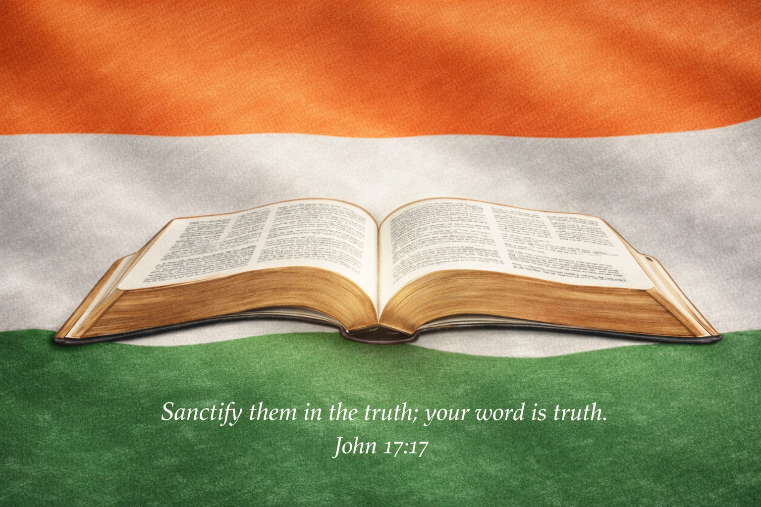 An open Bible resting on the green, white, and orange colors of the Indian flag, with a quote from John 17:17 that says 'Sanctify them in the truth; your word is truth.'
