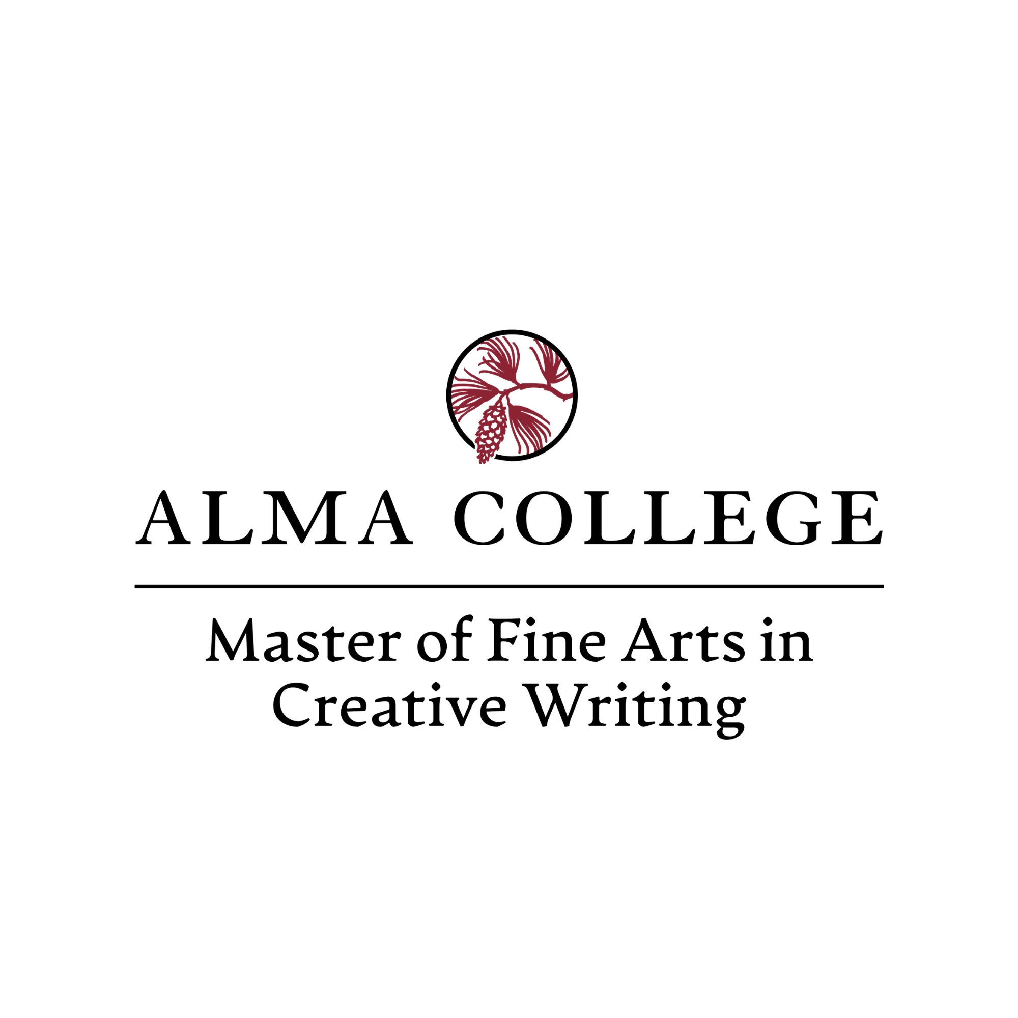 Alma College logo with a red pine cone and pine branches, text reading 'Alma College Master of Fine Arts in Creative Writing'.