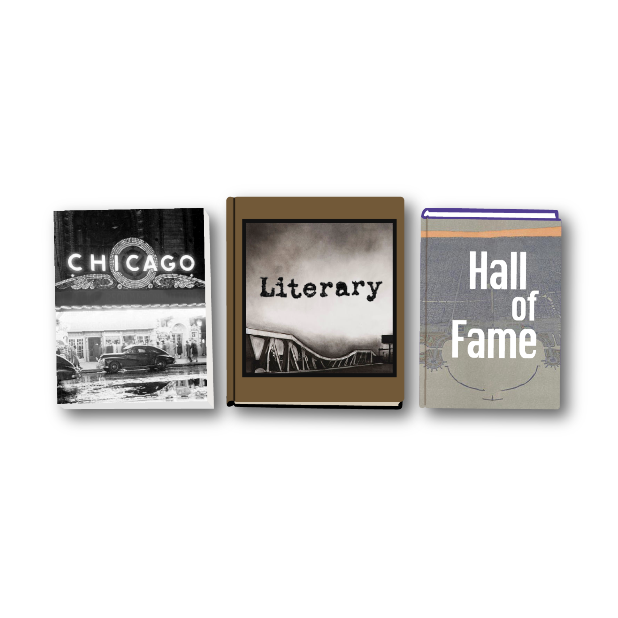 Three books standing upright on a white background, titled Chicago, Literature, and Hall of Fame.