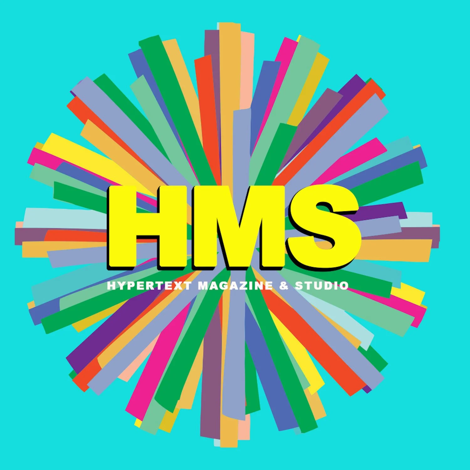 Colorful burst design on a blue background with the large yellow text 'HMS' and smaller white text 'HYPERTEXT MAGAZINE & STUDIO'.