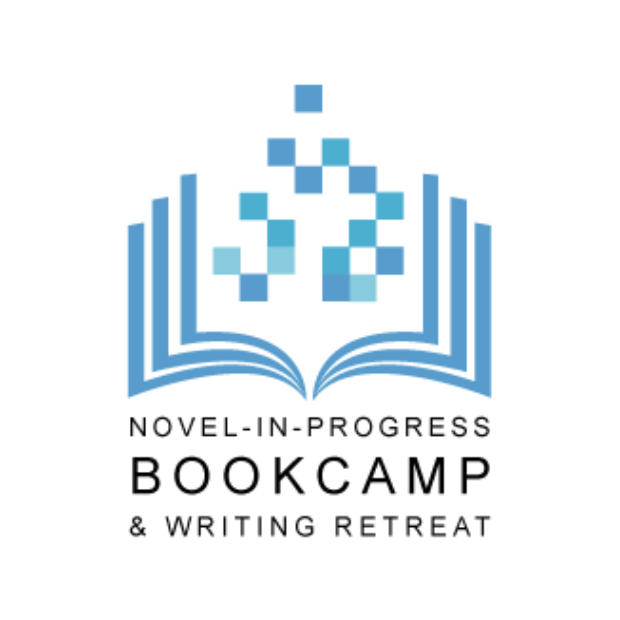 Logo for Novel-In-Progress Bookcamp, featuring an open book with abstract shapes and the words 'Novel-In-Progress Bookcamp & Writing Retreat'.