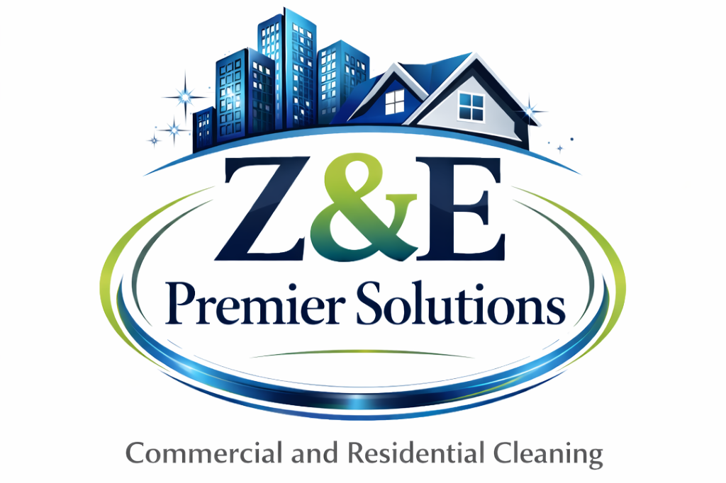 Logo for Z & E Premier Solutions, a commercial and residential cleaning company, featuring a city skyline, houses, and swirling lines.