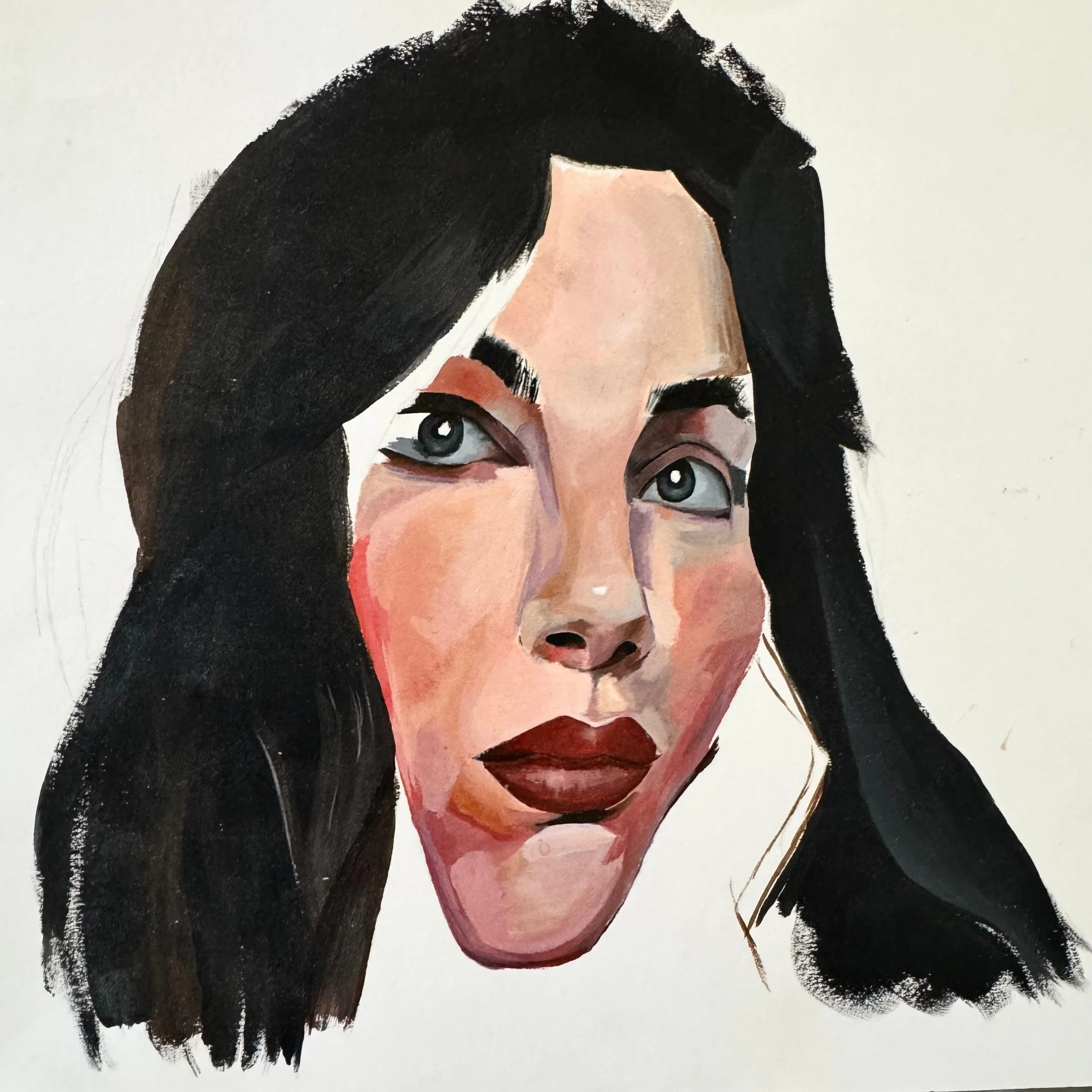 A portrait of a woman with long dark hair, blue eyes, and dark red lipstick, painted in a semi-realistic style.