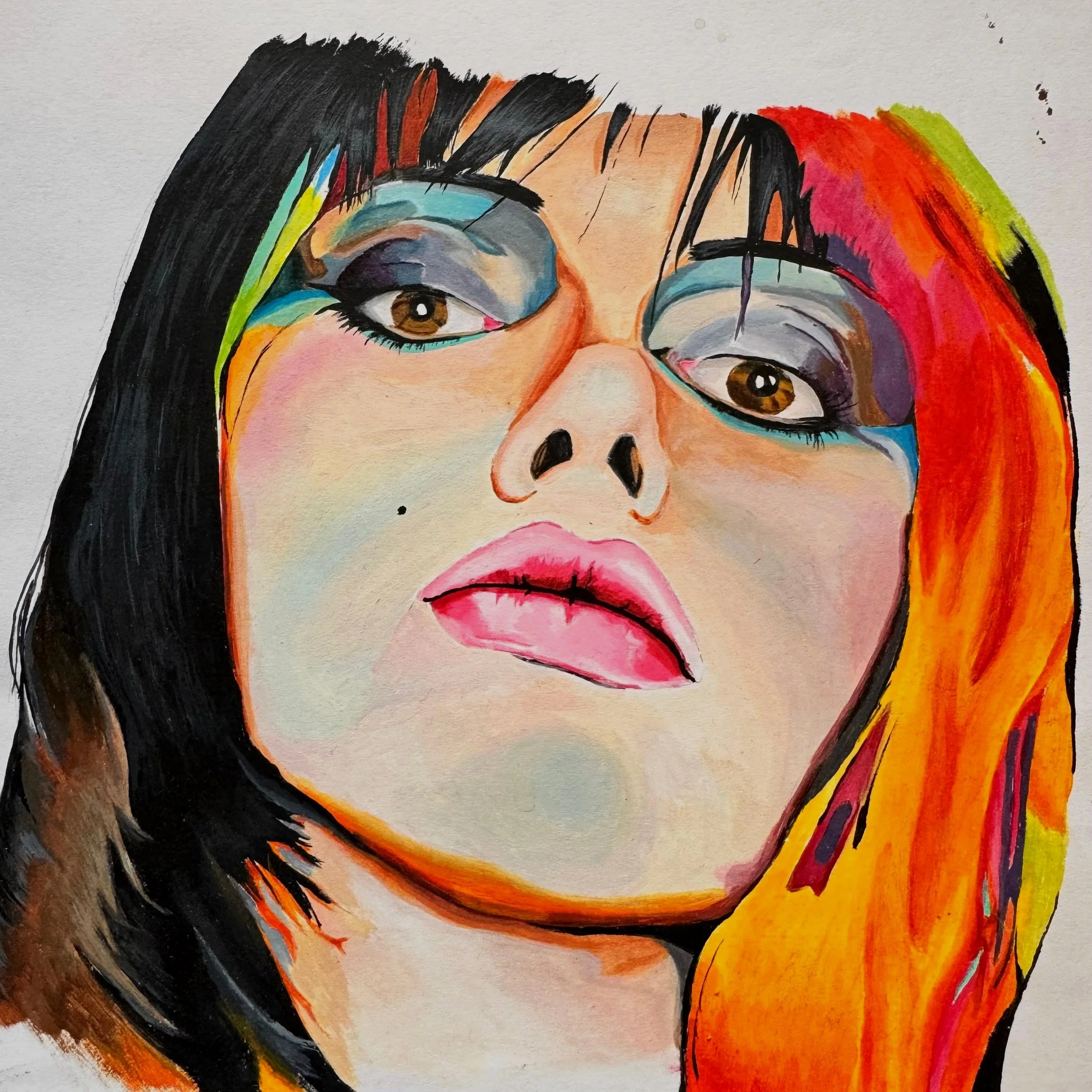 A colorful watercolor portrait of a woman with dark and vibrant hair, bold eye makeup, and pink lips, looking confidently at the viewer.