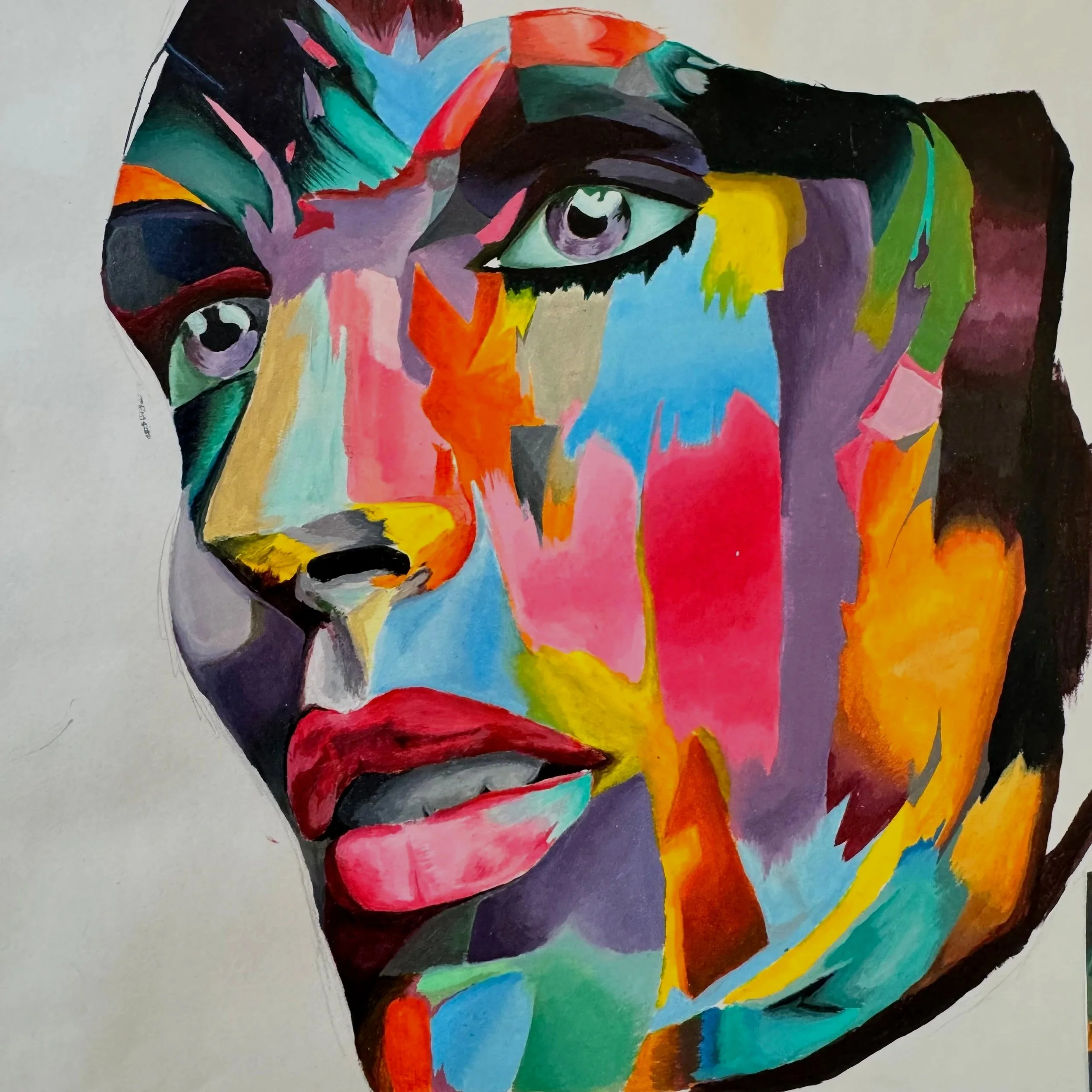A colorful abstract portrait of a woman's face, featuring bright hues of blue, pink, yellow, green, orange, and purple.