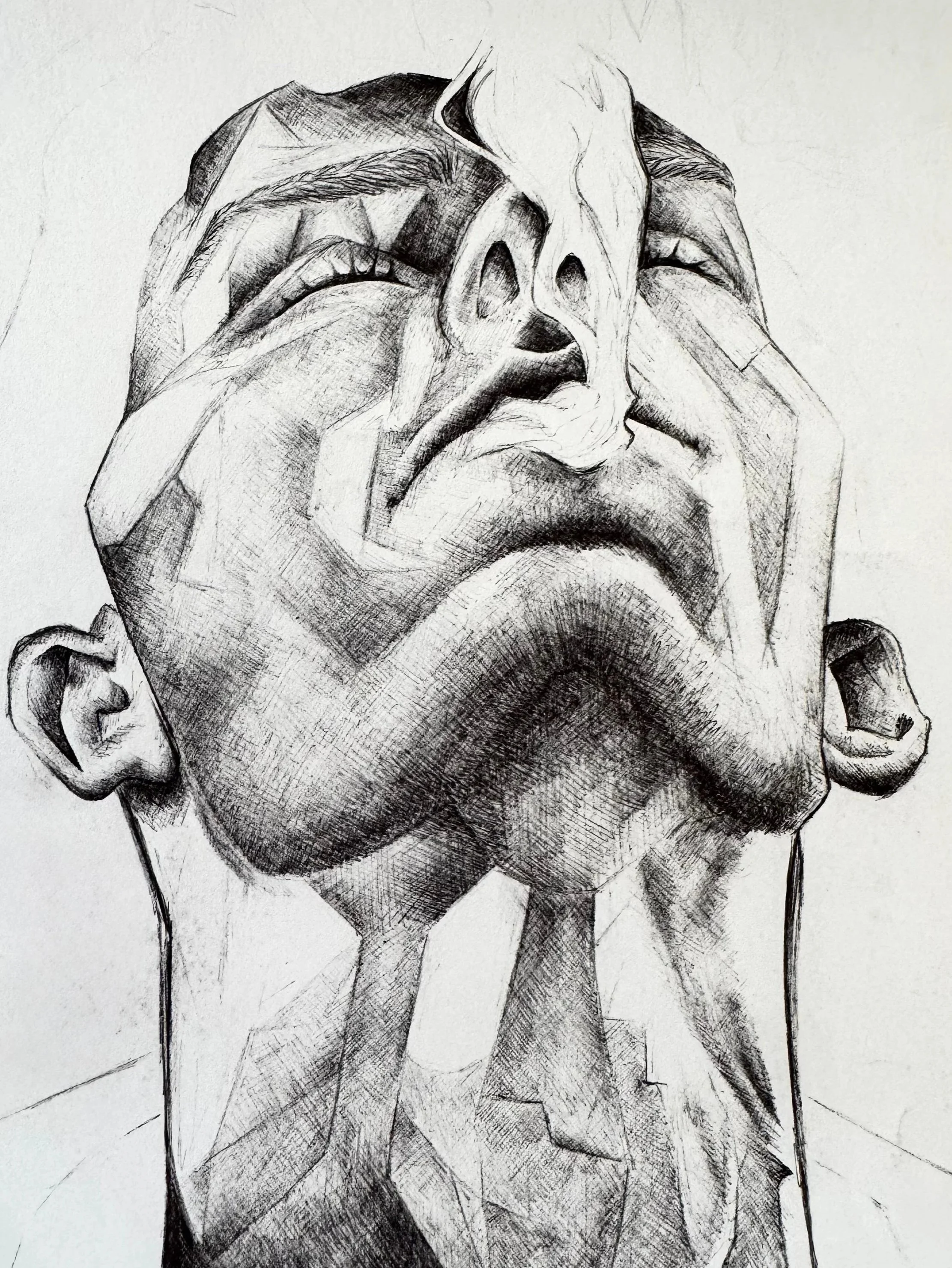 A detailed black-and-white drawing of a person's face with eyes closed, head tilted back, and hands on their face, in a realistic style.