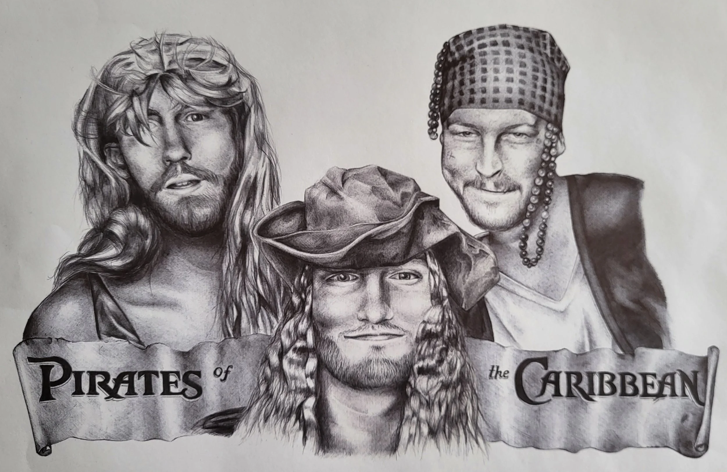 A pencil drawing of three men dressed as pirates alongside a banner that reads 'Pirates of the Caribbean'.