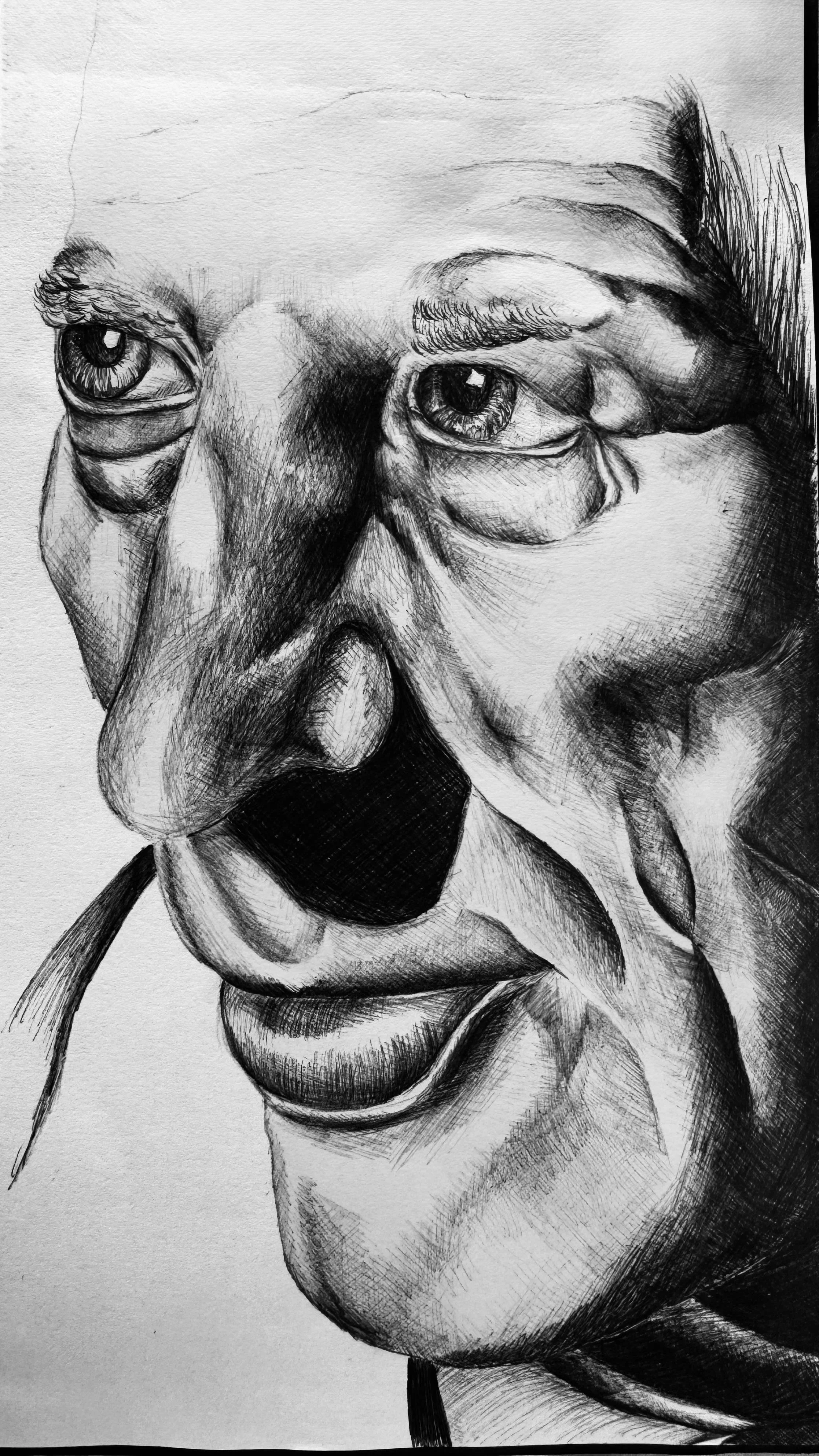 Detailed black and white sketch of an elderly person's face, featuring prominent wrinkles, expressive eyes, a large nose, and pursed lips.