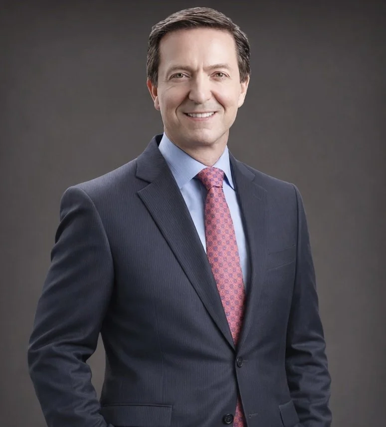 A smiling man in a dark business suit, light blue shirt, and pink patterned tie poses against a neutral gray background.