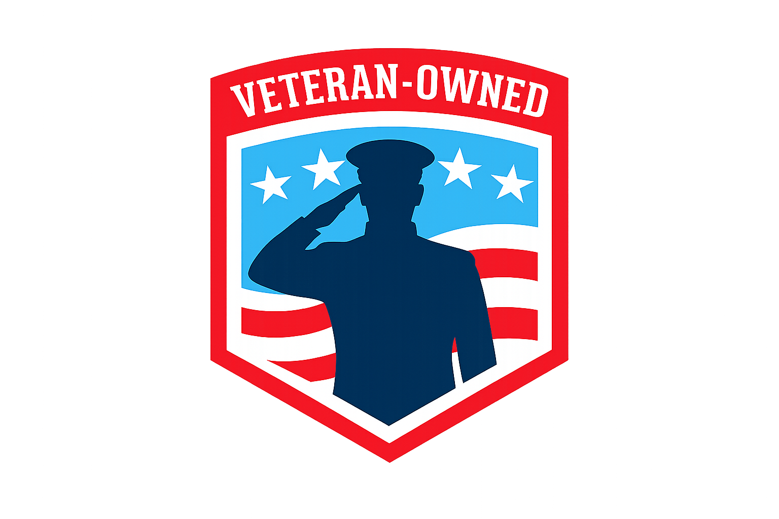 A patriotic emblem with a silhouette of a saluting military veteran in front of a background with stars and stripes, and the text 'Veteran-Owned' at the top.