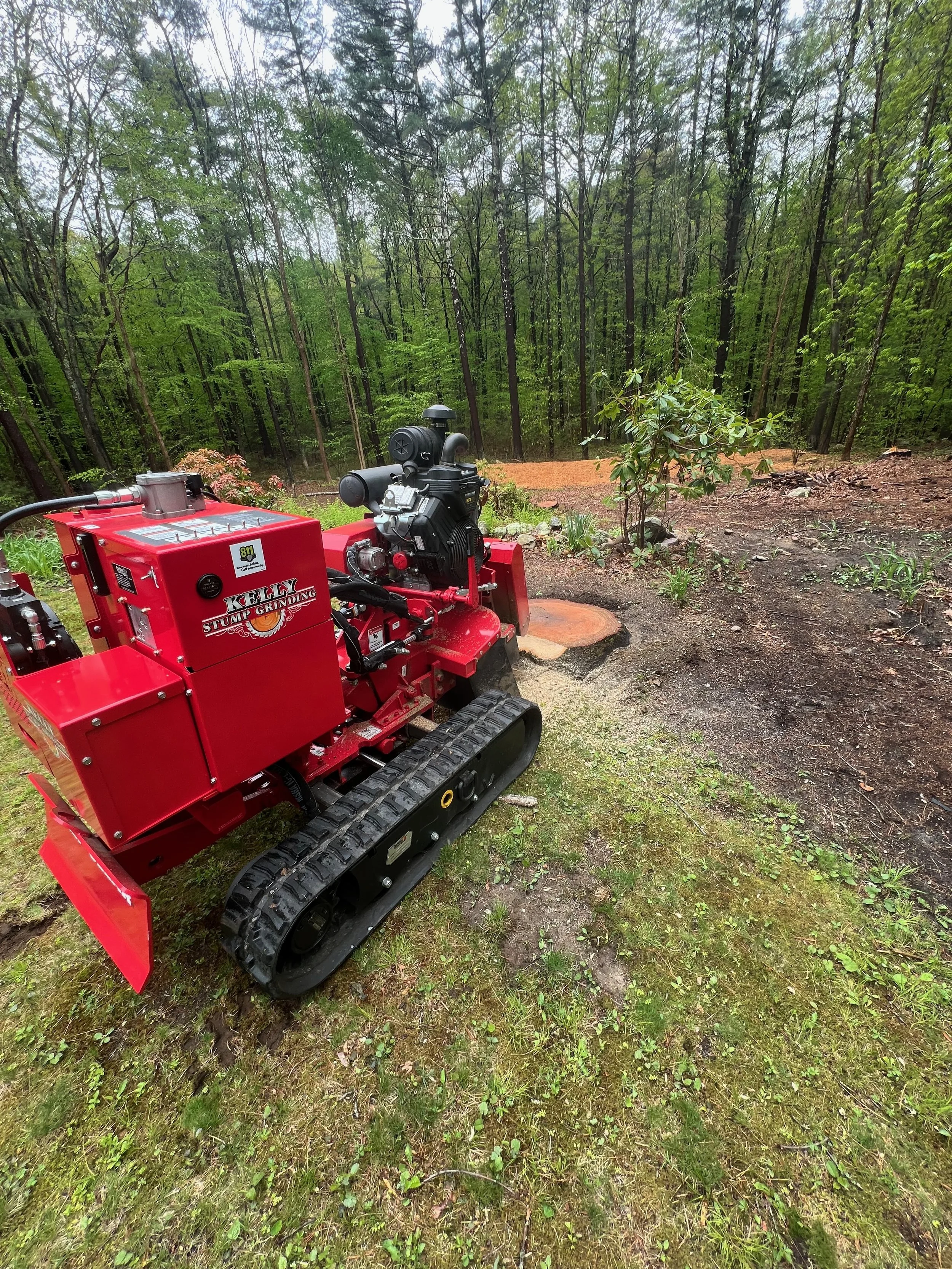 A small red tracked machine labeled 'Kelly Stump Grinding' is working on clearing a tree stump in a wooded area with green trees and a dirt trail in the background.