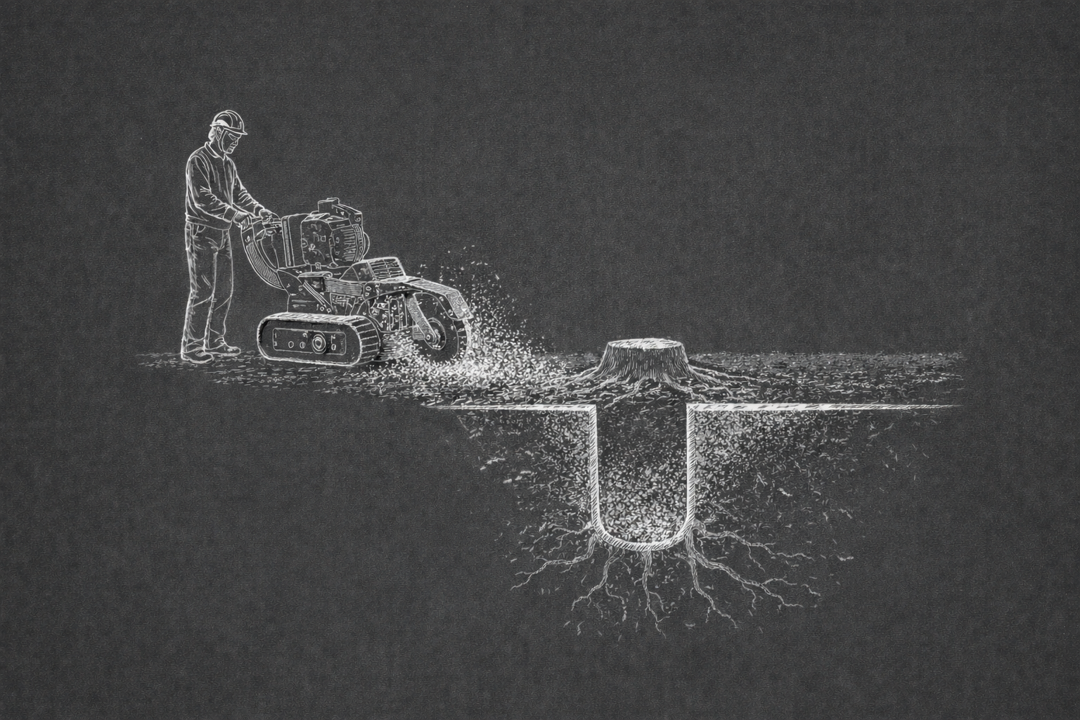 Line drawing of a person using a stump grinder to cut down a tree, with the tree's roots also shown beneath the ground.