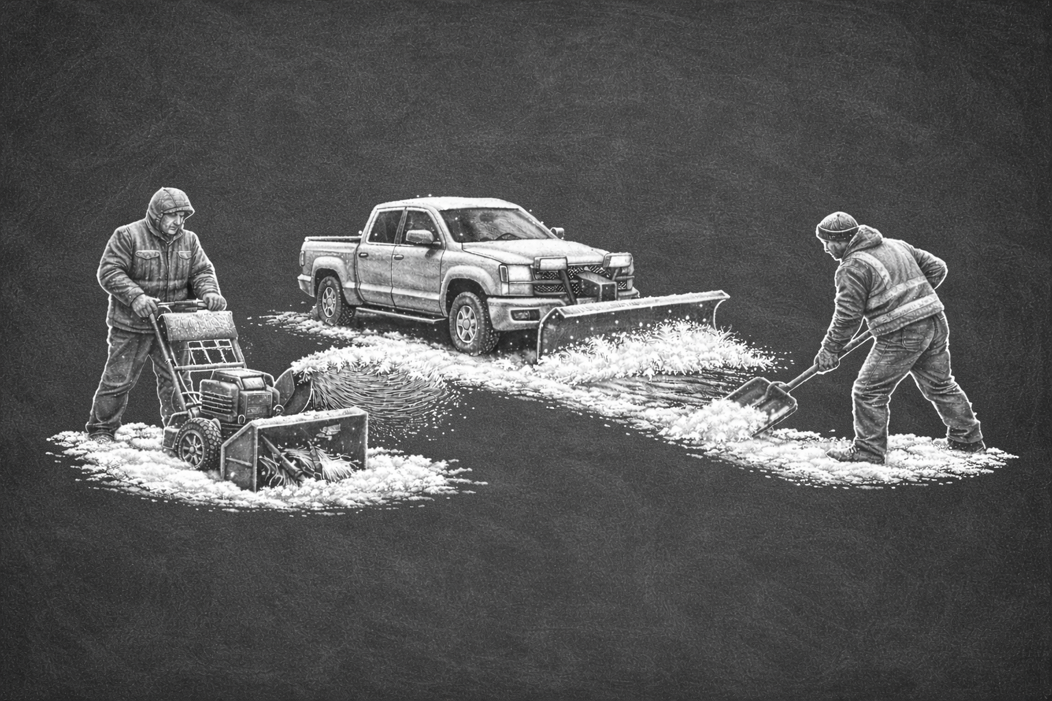 Two men using snow shovels to clear snow from a driveway, with a pickup truck parked in the background.