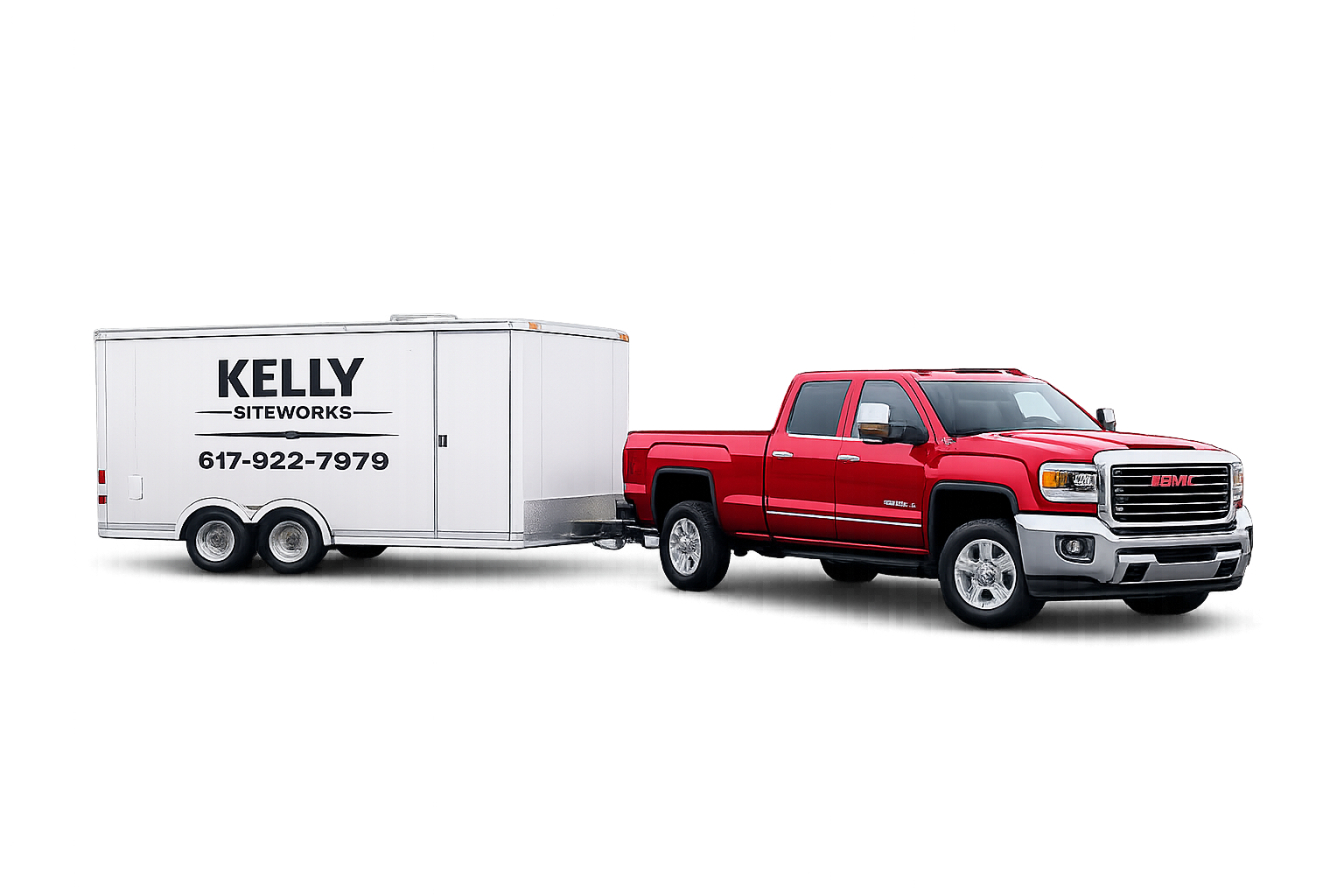 A red GMC pickup truck attached to a white enclosed trailer with black text that reads 'KELLY SITEWORKS' and a phone number. The background appears to be distorted with colorful digital glitches.