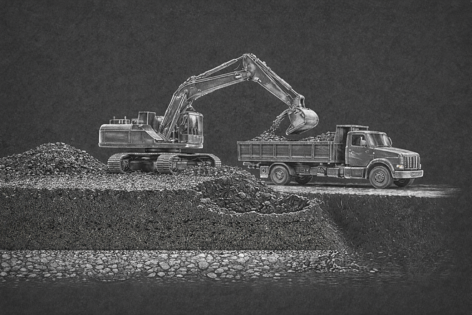 Black and white illustration of an excavator loading rocks into a dump truck on a construction site.