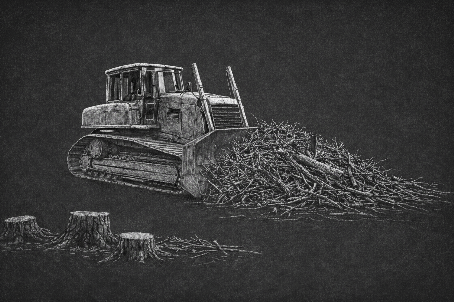 Drawing of an old bulldozer pushing a pile of sticks and logs, with three stumps and a dark background.