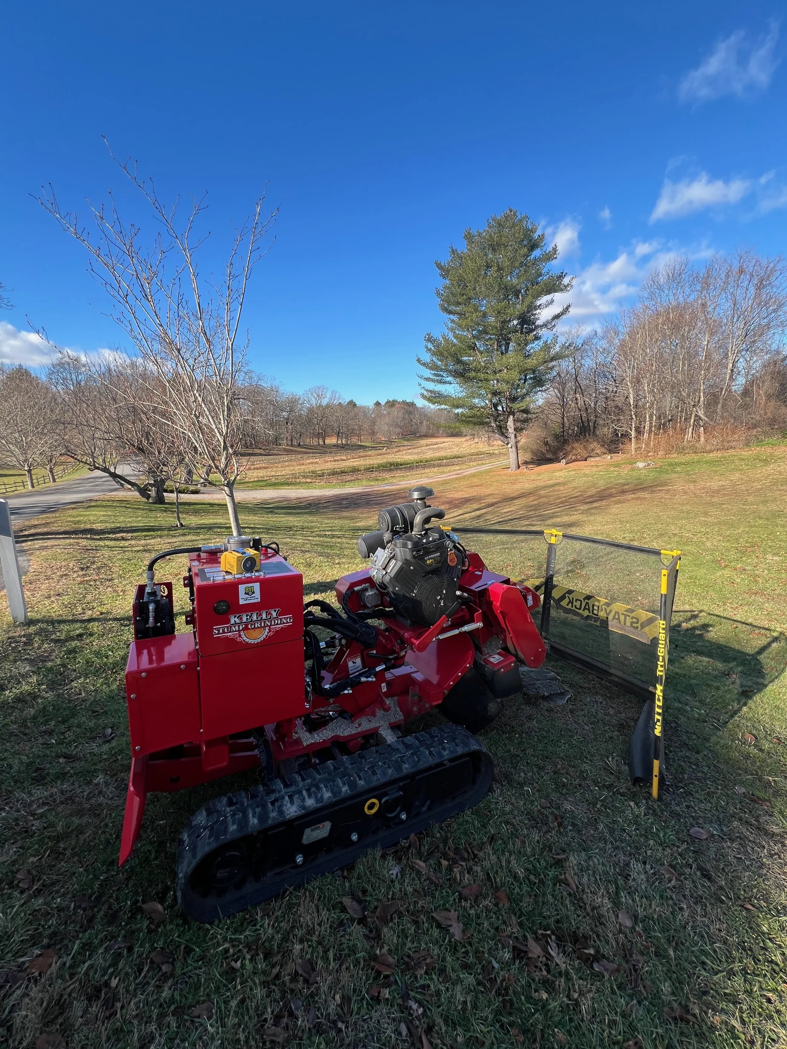 Red tracked wood chipper on a grassy area with trees and a blue sky in the background.