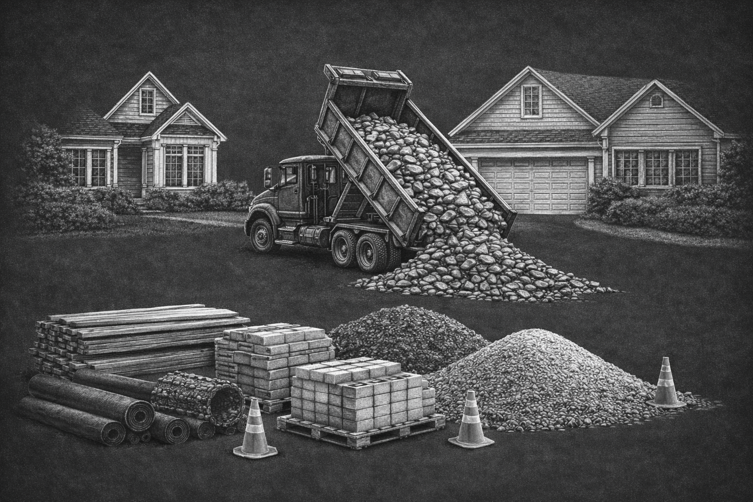 Construction site in a residential neighborhood with a dump truck unloading rocks, piles of gravel, bricks, pipes, and traffic cones in the foreground.