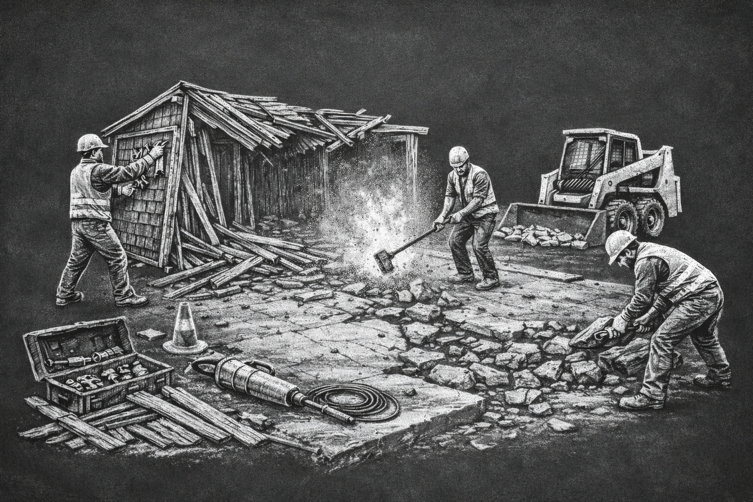 Workers demolishing a small wooden structure with tools, surrounded by construction equipment and safety cones.