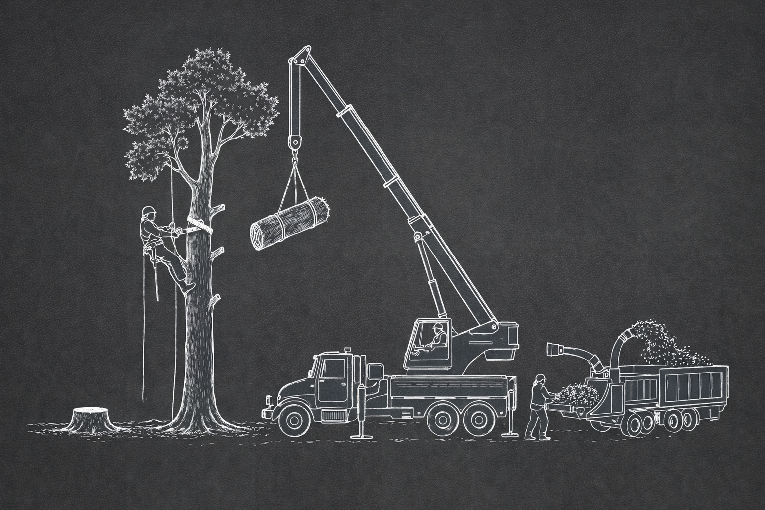 Chalk drawing of tree removal with a crane lifting a log from a tree, workers operating machinery, and cutting equipment at a work site.