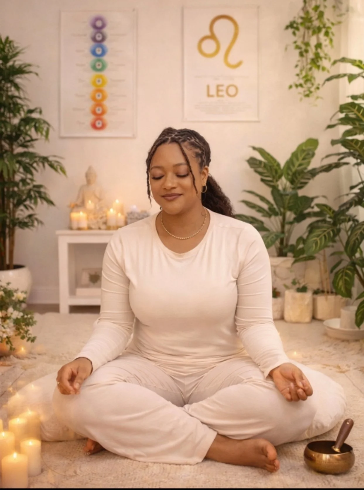 A woman practicing meditation in a cozy, candle-lit indoor space. She is sitting cross-legged on a cushion with her eyes closed, surrounded by green plants, Buddha statues, and lit candles. Behind her are posters about chakras and astrology, including one labeled 'Leo.'