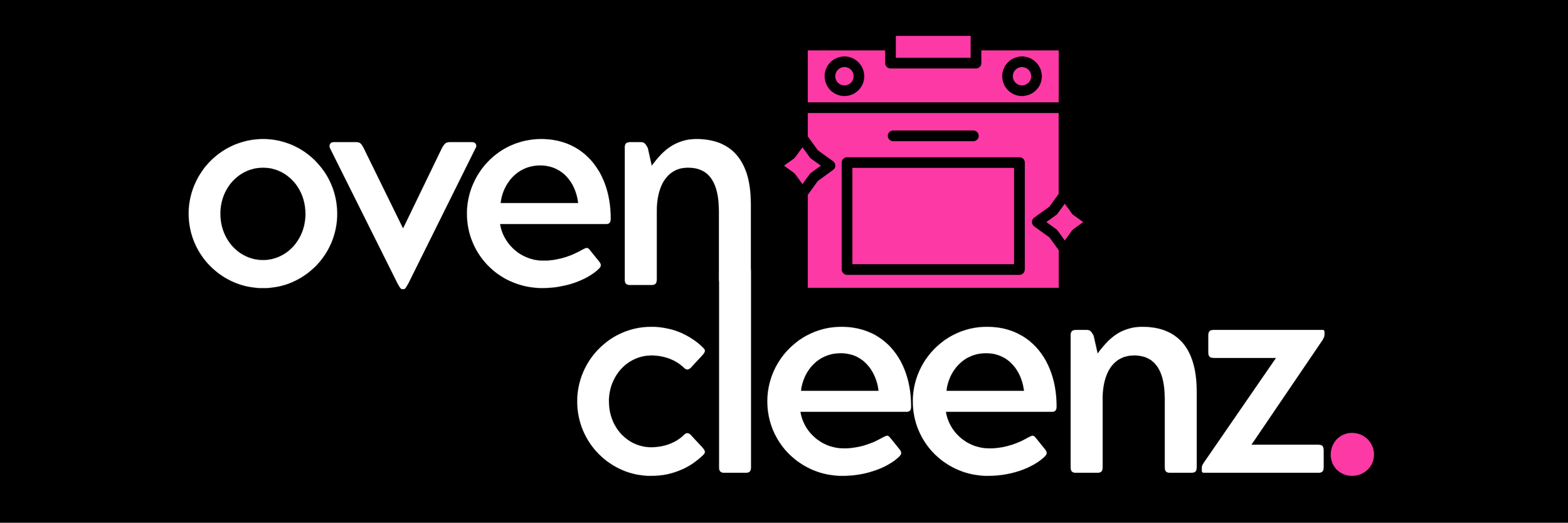 The logo for Oven Cleenz with the word 'oven' in white next to a pink oven illustration, and 'cleenz' in white below, with a black background.