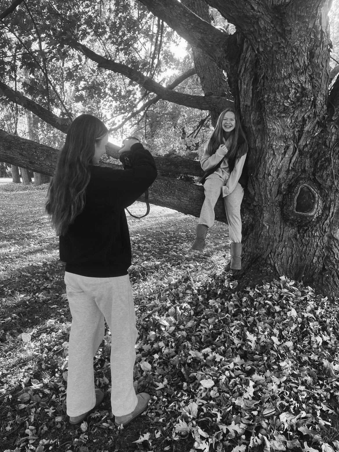 Two young women are outdoors in a park, one sitting on a large tree branch and the other standing and taking a photo of her. The sitting woman is smiling and wearing a light-colored jacket, while the standing woman is holding a camera and wearing a darker jacket. The ground is covered with fallen leaves.