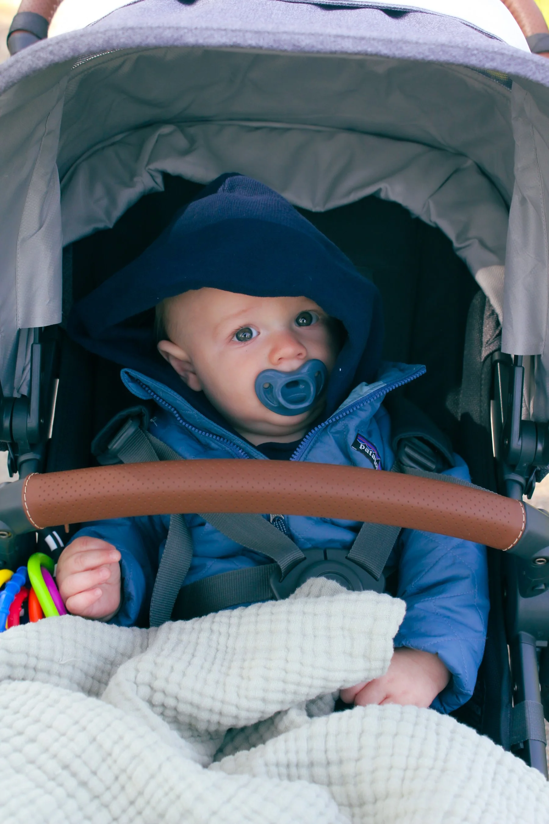 A baby with blue eyes in a stroller, wearing a hooded jacket and pacifier, wrapped in a cream blanket.