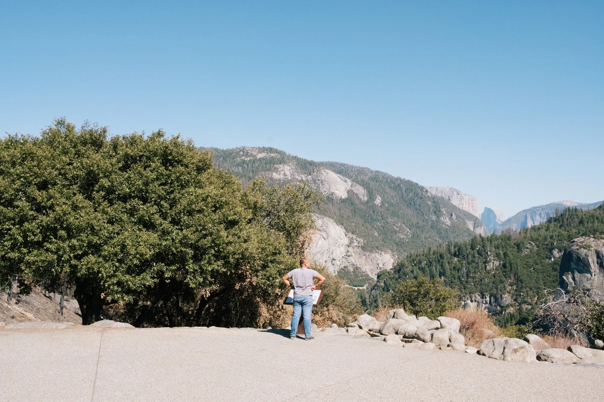 A person standing on a viewing platform overlooking a mountainous landscape with trees and rock formations on a clear, sunny day.