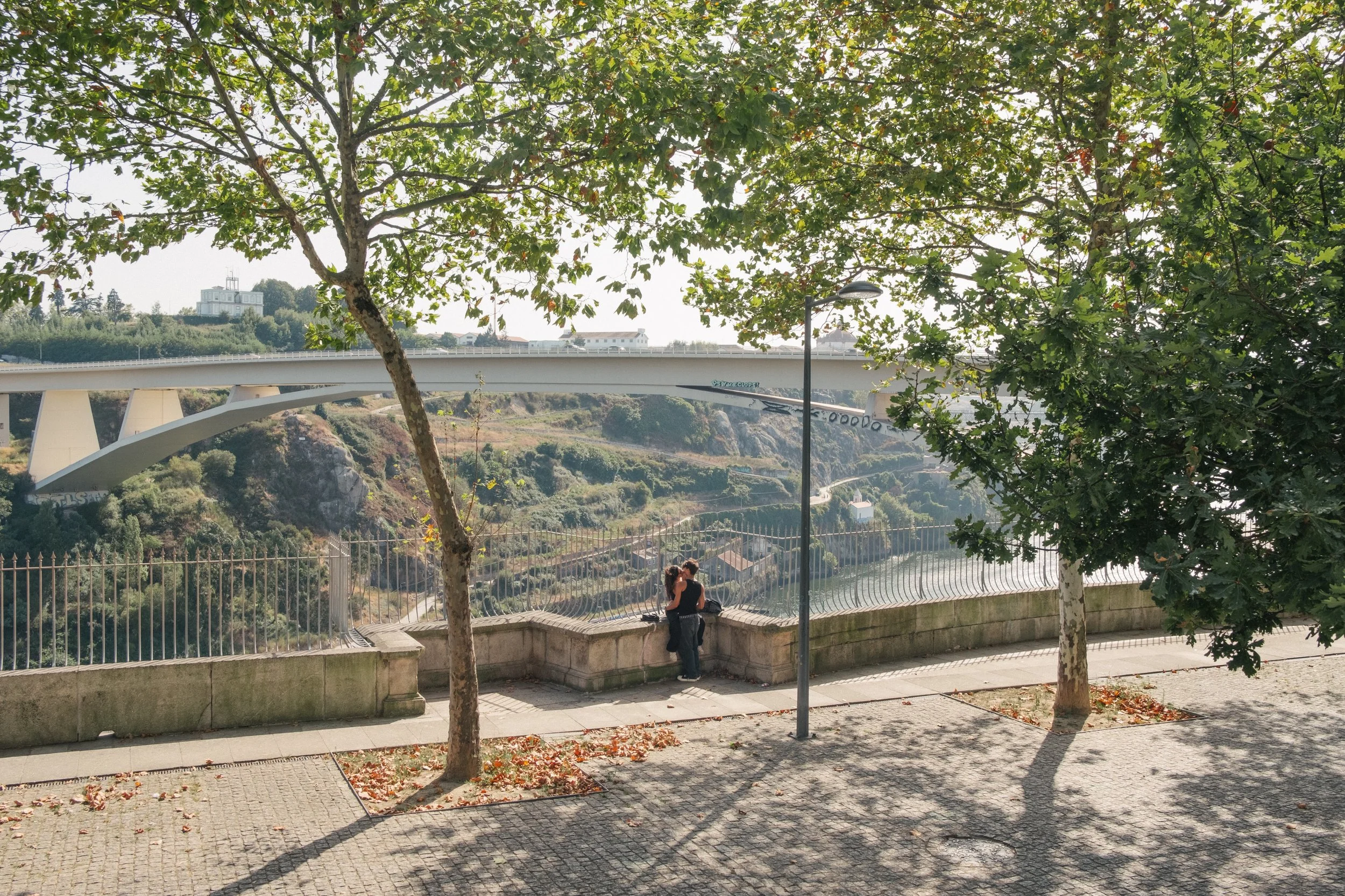 A couple stands on a sidewalk under trees, overlooking a bridge and a valley.