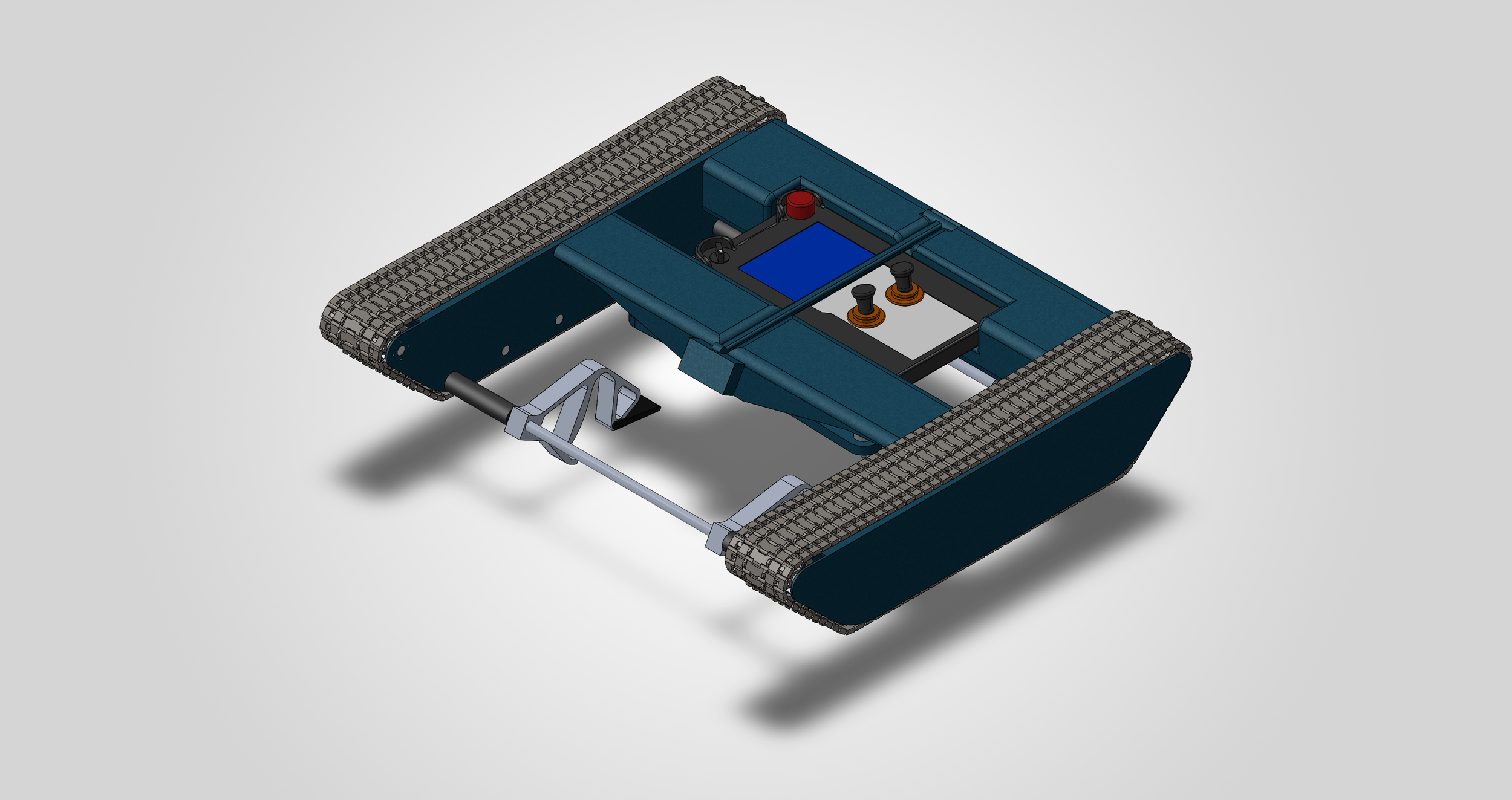 A robot with tracked wheels, a control panel with buttons and a screen, and a red emergency stop button.  Ventvortex in it's ladder transport configuration.
