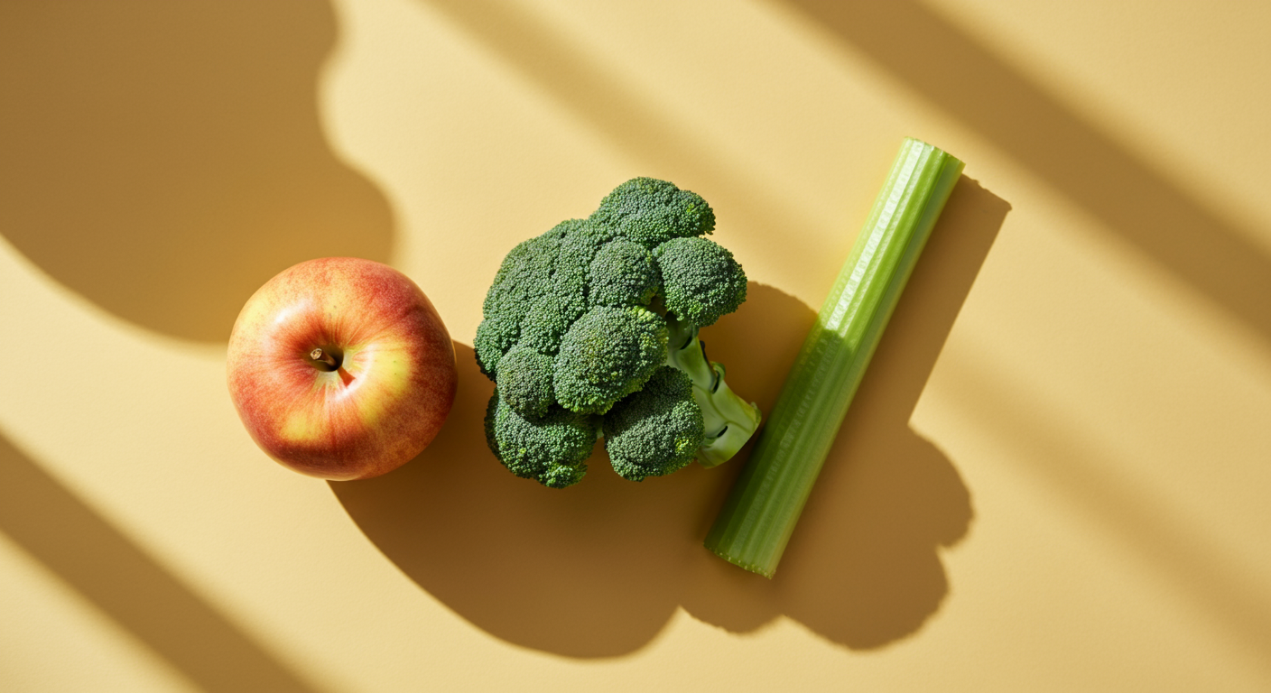An apple, a bunch of broccoli, and a celery stalk on a yellow background with shadows.