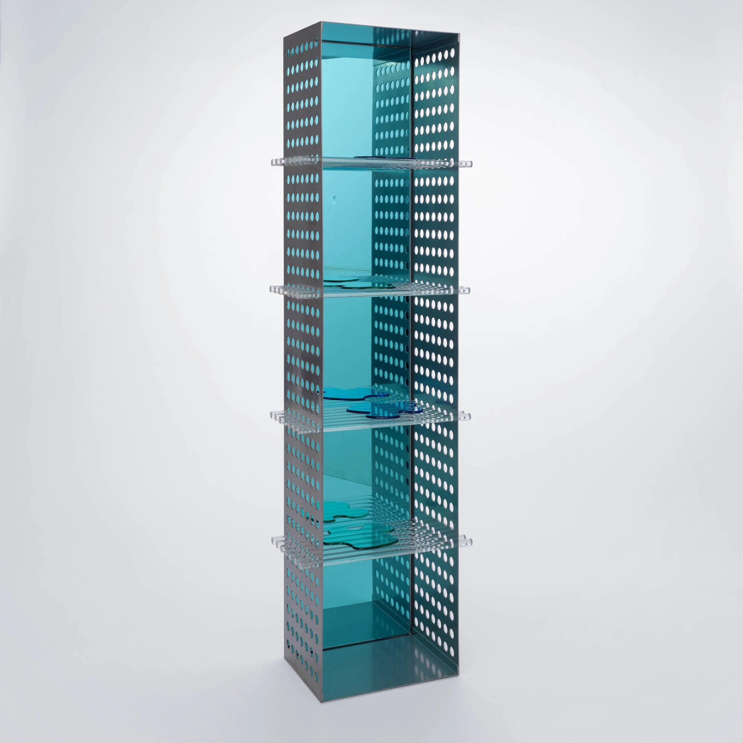 A tall, rectangular blue metal cabinet with perforated sides and four glass shelves, standing against a plain white background.