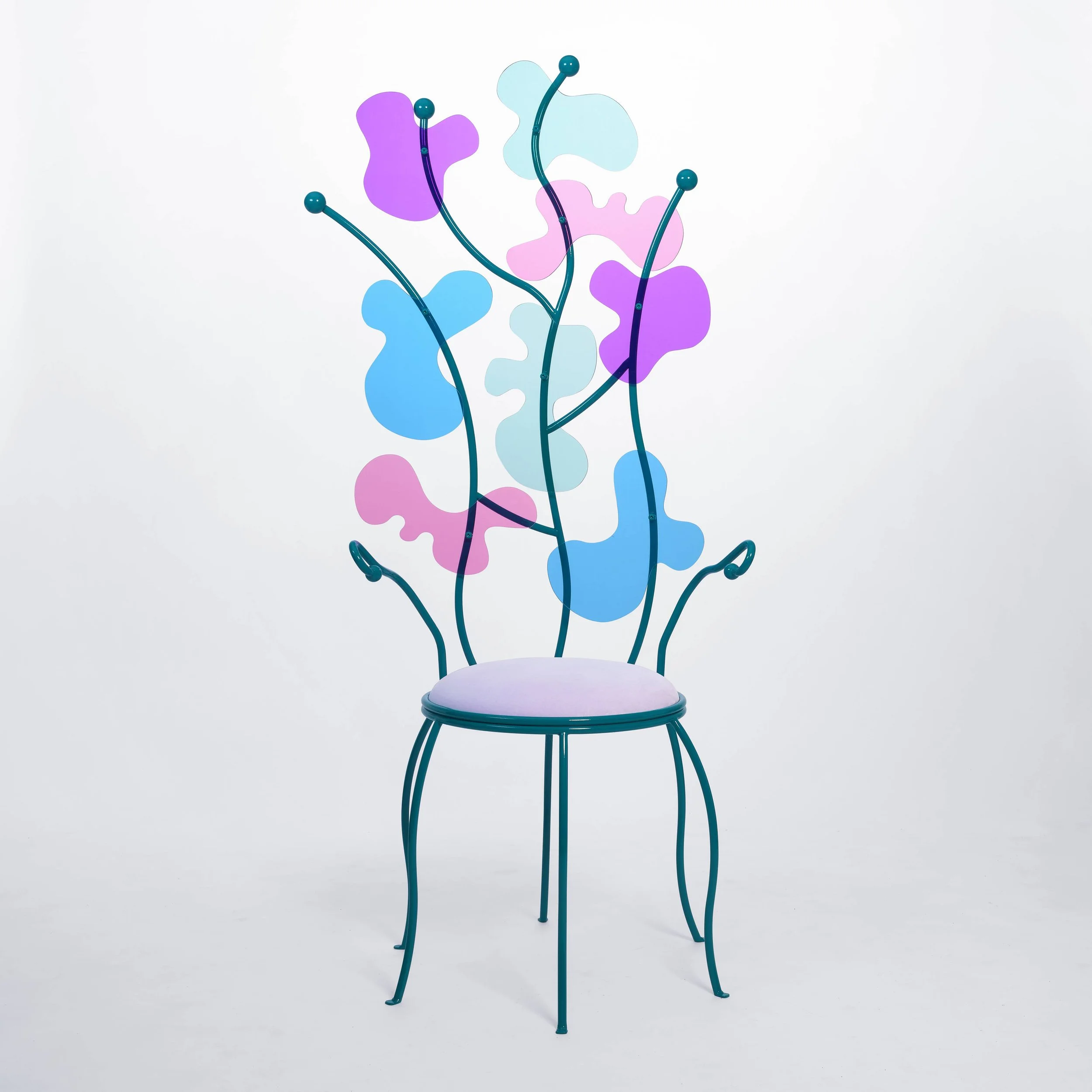A modern chair with a seat cushion and a backrest designed to resemble abstract colorful plants with flowing curves in shades of purple, blue, and teal.