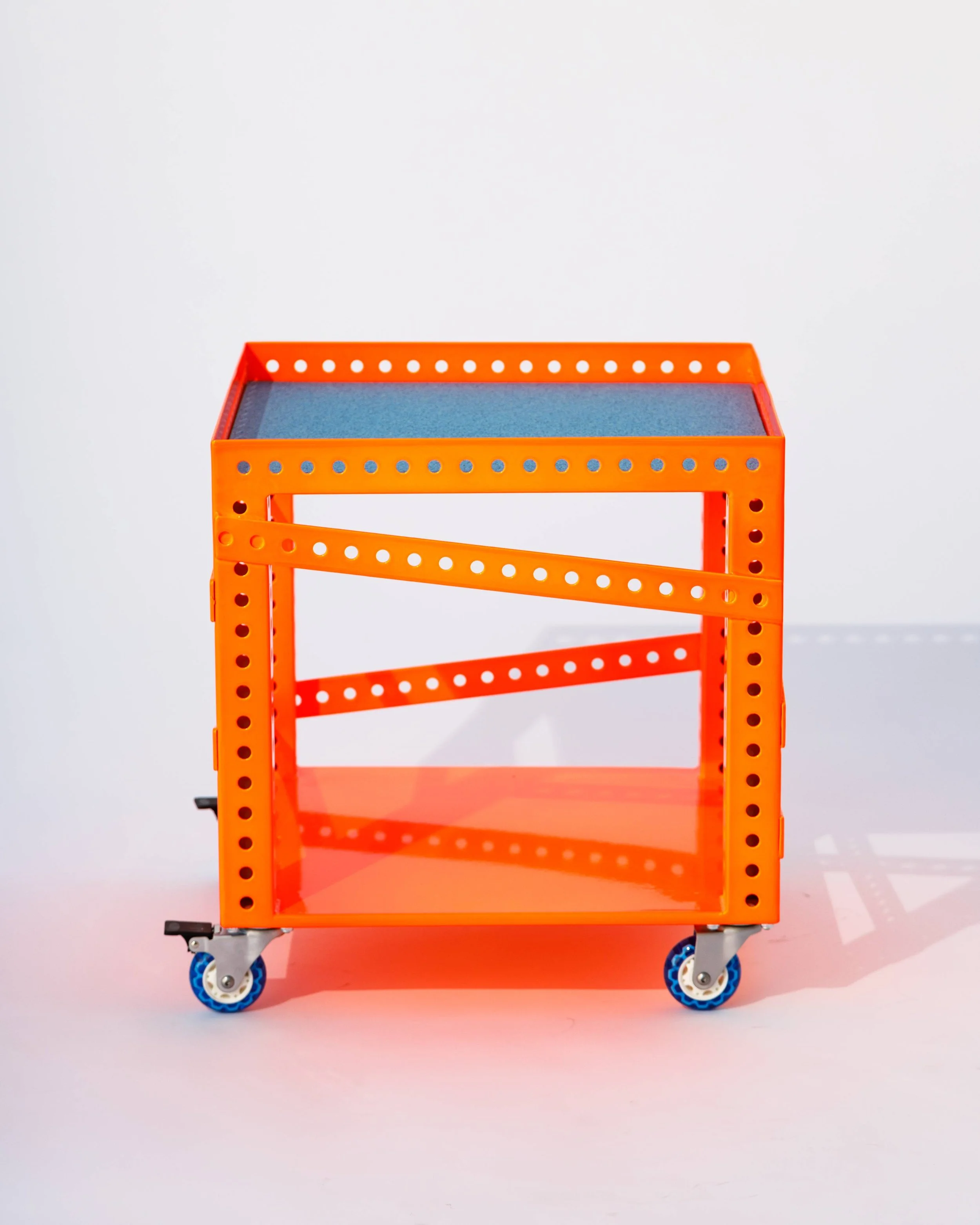 Orange and black rolling cart with blue wheels on a white background.