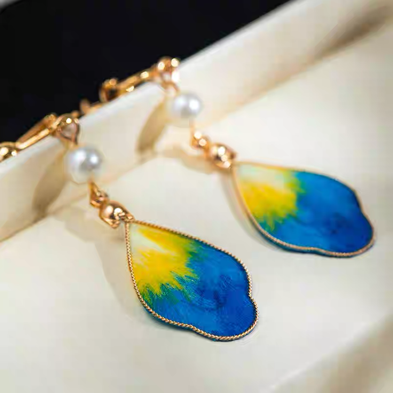 Orange-Blue Iridescent 3D Flocked Flower Ear Hooks