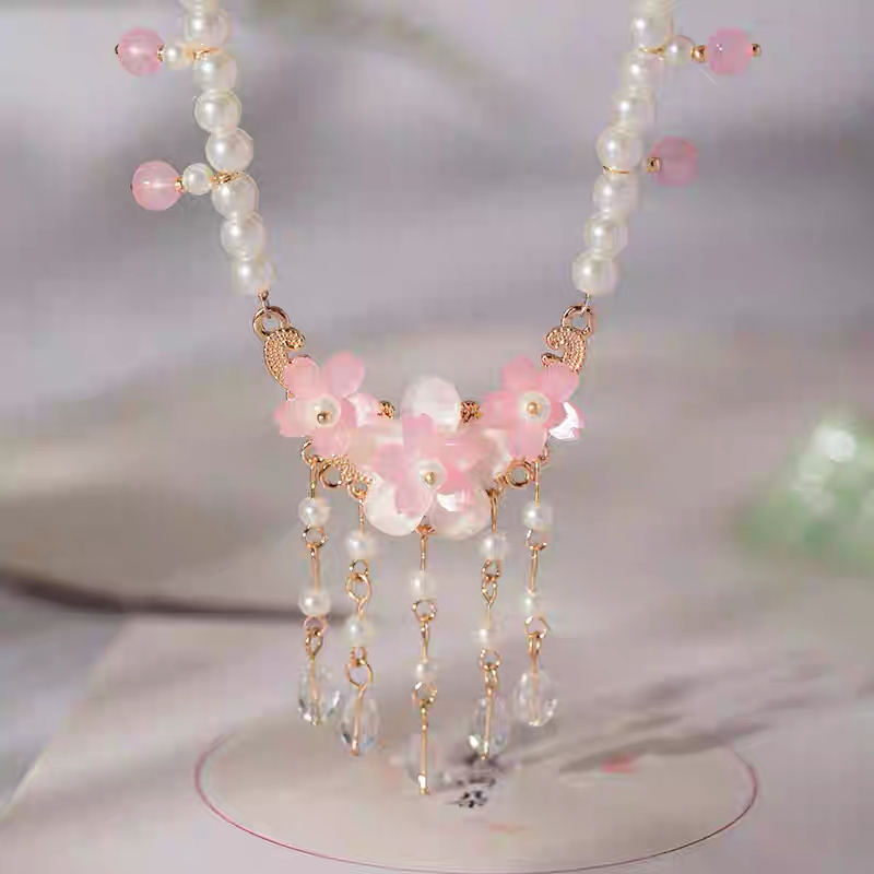 Pink Cherry Blossom Pendant Pearl Necklace - "Beauty's Smile"