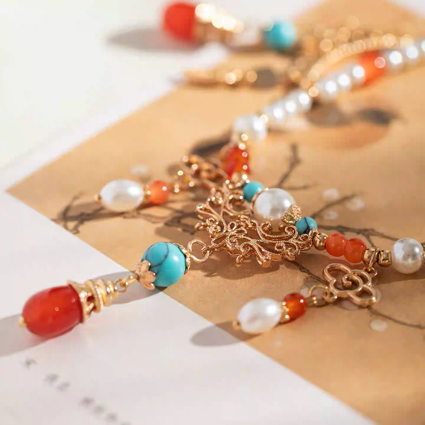 Chinese-Style Pearl Tassel Necklace - "Splendid Brocade"