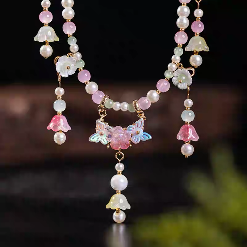 Lily of the Valley Necklace in Green and Pink