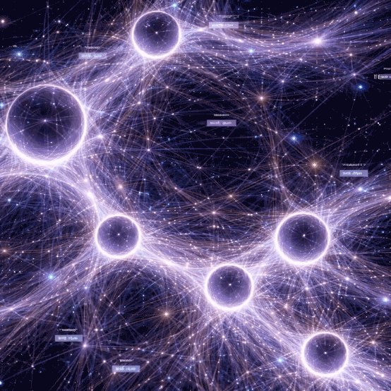 Digital visualization of interconnected glowing orbs and network lines representing a abstract technological or neural network.