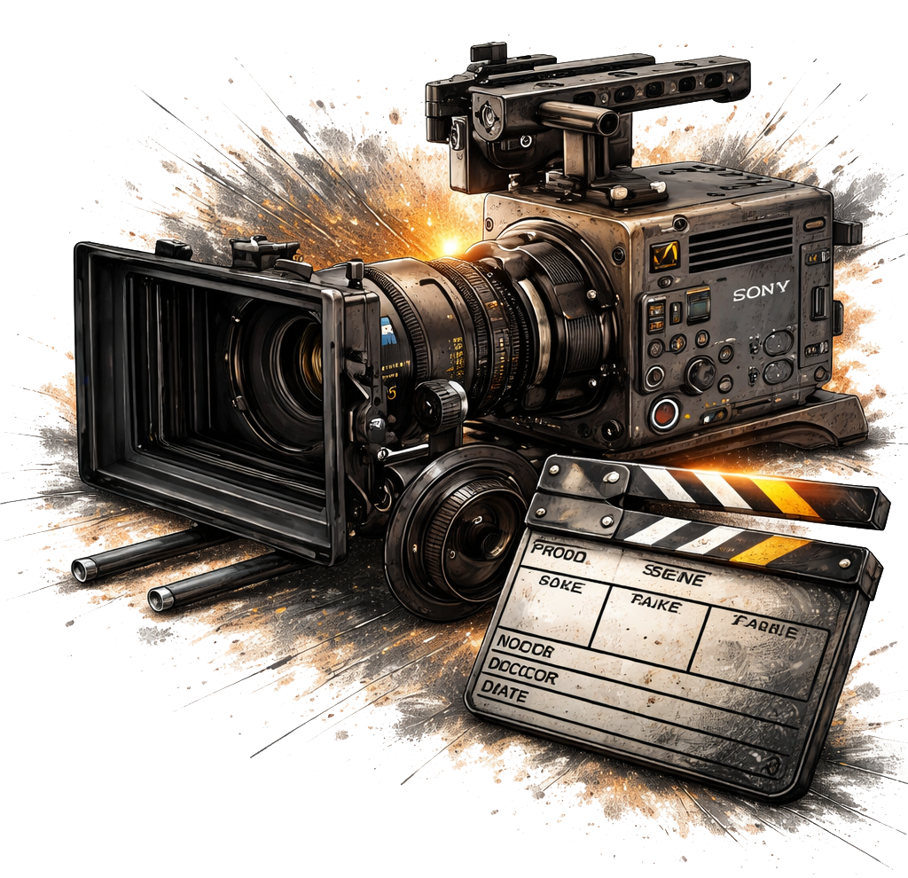 A professional movie camera, film slate, and boom microphone set on studio or set with a dramatic explosion graphic background.