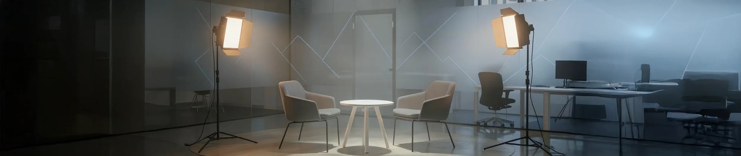 An interview or recording studio setup with two chairs and a small round table between them, two bright studio lights on stands, and a desk with a computer and office chair in the background.