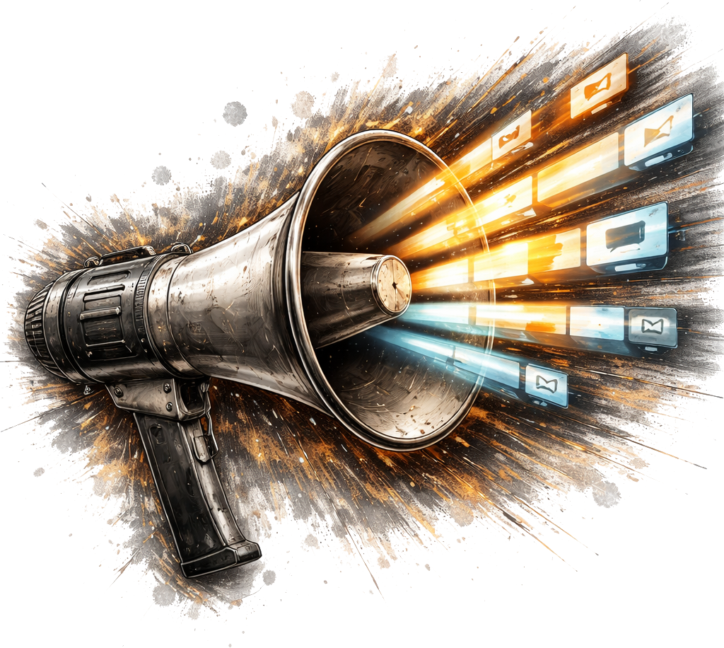 A metallic megaphone with digital icons of email and messaging emerging from its opening, set against an abstract background with burst effects and glowing lines.