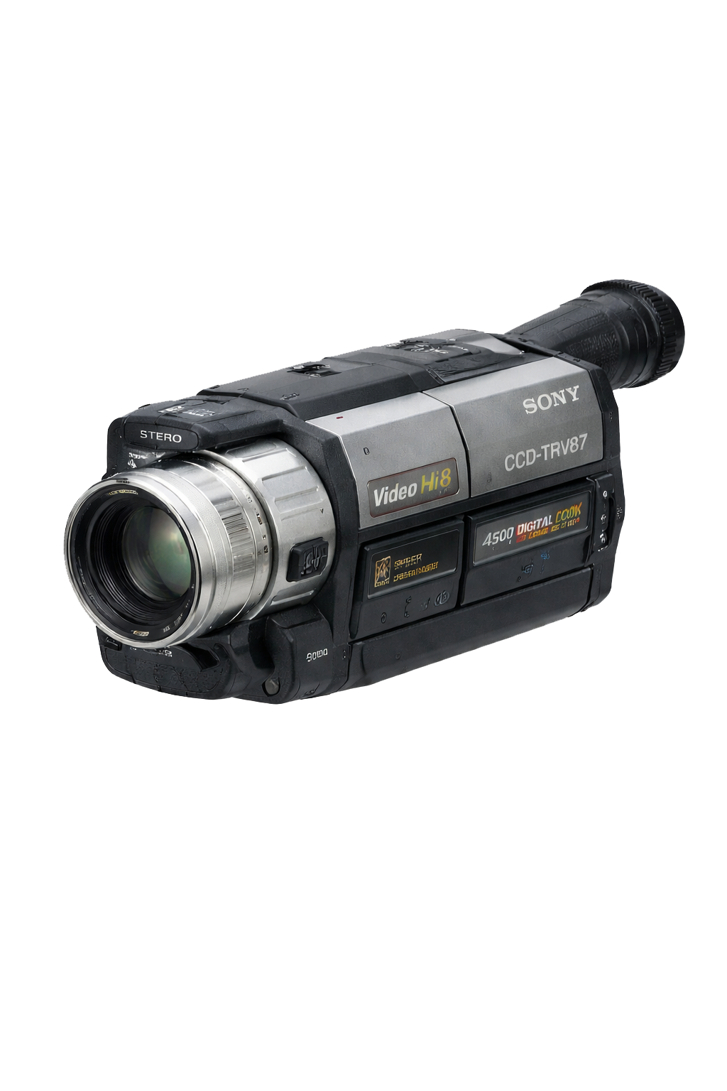 A vintage Sony video camera with a silver and black body, labeled Video Hi8, CCD-TRV87, and 4500 Digital Cook, featuring various buttons and dials.