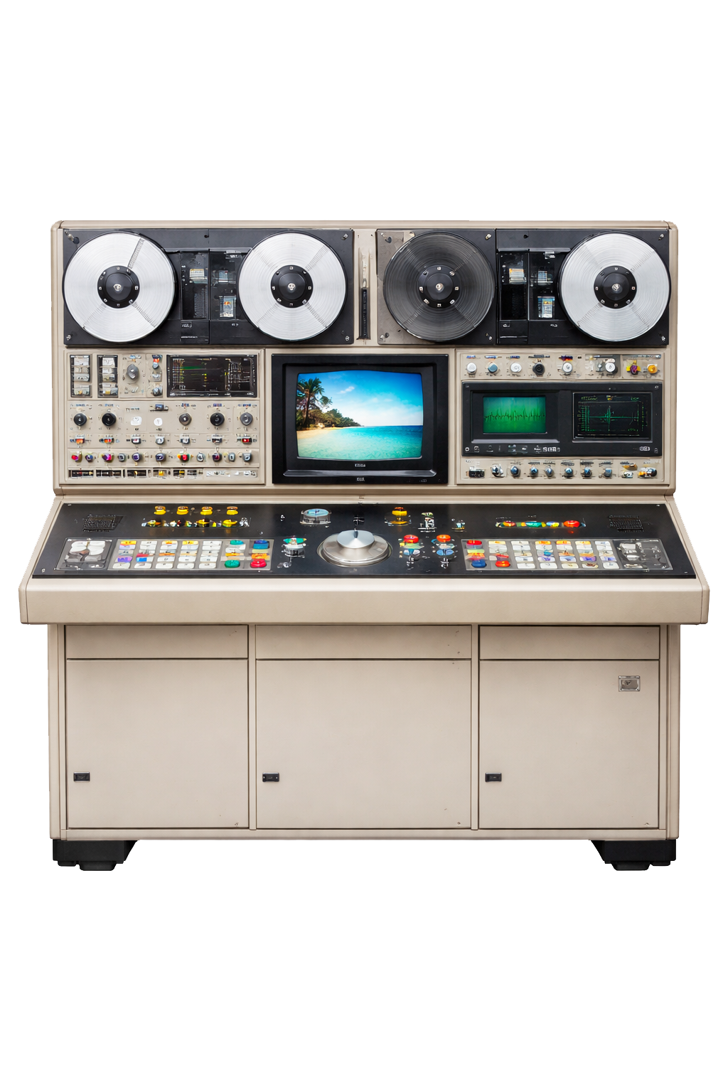 A vintage DJ mixing console with multiple turntables, controls, and two small monitors, set against a black background.