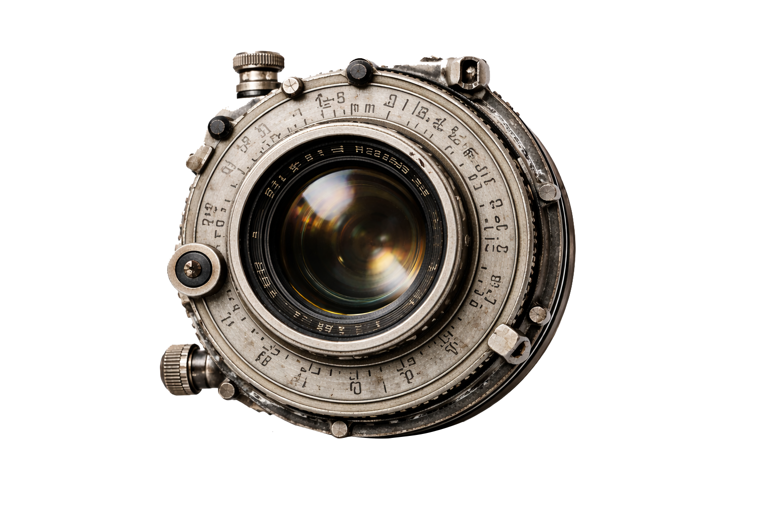 Close-up of an antique camera lens with metallic components and intricate markings.